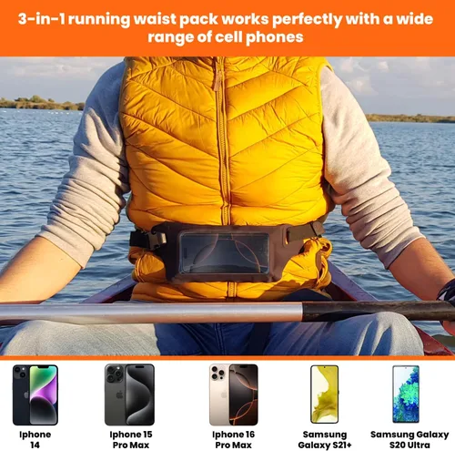 Vista 5 de Riñonera impermeable para correr para iPhone 6, 7, 8, 11, 12 Plus y Android Samsung, con funda para pantalla táctil, bolsa de cintura seca con Hot