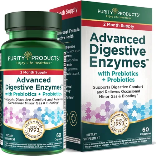Purity Products Enzimas digestivas avanzadas con probióticos y prebióticos – Suplemento de salud digestiva para hinchazón, alivio de gases y apoyo
