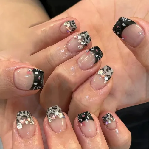Vista 17 de Uñas postizas cuadradas a presión, uñas postizas cortas de degradado púrpura, con pegamento, con glitter, uñas acrílicas brillantes, uñas postizas a
