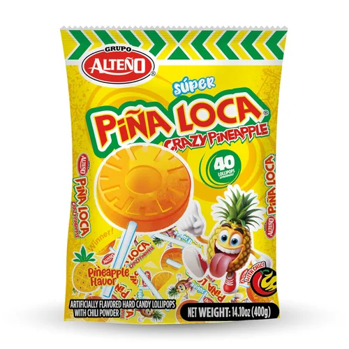 Alteño (Alteno) Super Piña Loca - Paletas de chile y piña, caramelo duro picante estilo mexicano, envueltas individualmente, 40 unidades