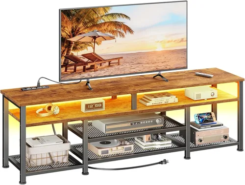 Vista 8 de Furologee Soporte de TV con tomas de corriente y luces LED, centro de entretenimiento de 55 pulgadas para televisores de 55 y 60 pulgadas, mesa Negro