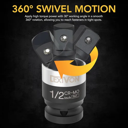 Vista 5 de LEXIVON Junta Universal de Impacto - Diseño SLIM Patentado Juego de 3 piezas de llaves giratorias de 1/2", 3/8" y 1/4" Acero Cromo-Molibdeno