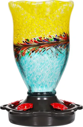 LUJII Comederos para colibríes para exteriores a prueba de hormigas, comedero de colibríes de vidrio soplado hecho a mano para exteriores con gancho