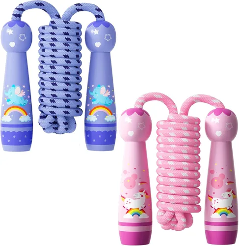 Vista 14 de Cuerda de saltar para niños, cuerda de saltar trenzada de algodón ajustable con mango de madera para niños pequeños, fitness, entrenamiento