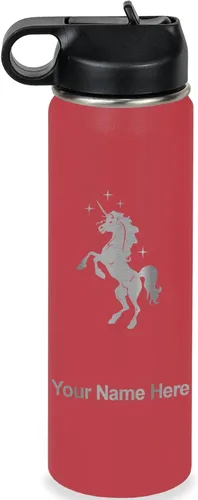 Vista 8 de LaserGram Botella de agua de doble pared abatible de 12 onzas con pajita, unicornio, grabado personalizado incluido (rosa)