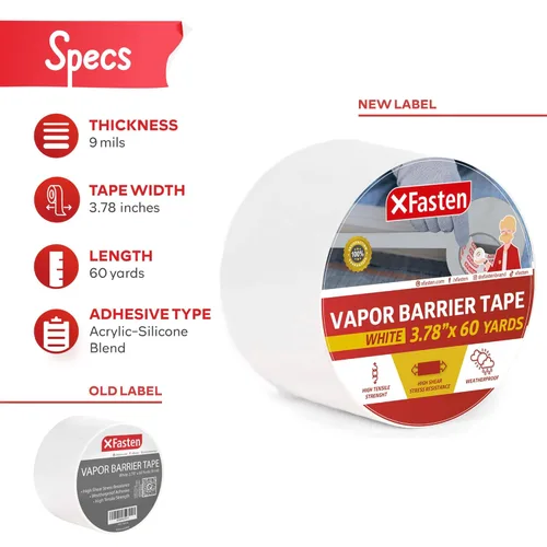 Vista 2 de XFasten Cinta de barrera de vapor blanca, 9 mil, 3.78 pulgadas x 60 yardas, cinta de barrera de humedad impermeable para encapsulación de espacio