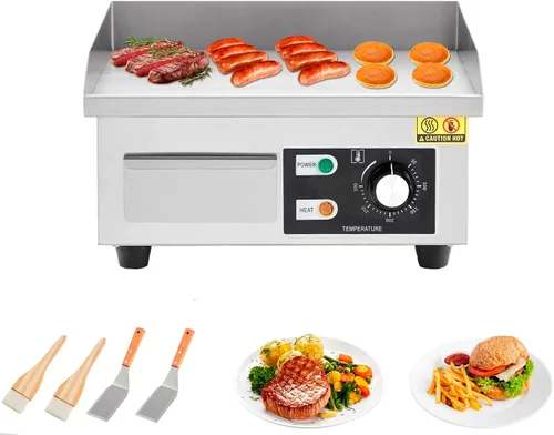 Plancha eléctrica comercial de 14 pulgadas, plancha de encimera de acero inoxidable, parrilla eléctrica superior plana con cepillo de pala, equipo