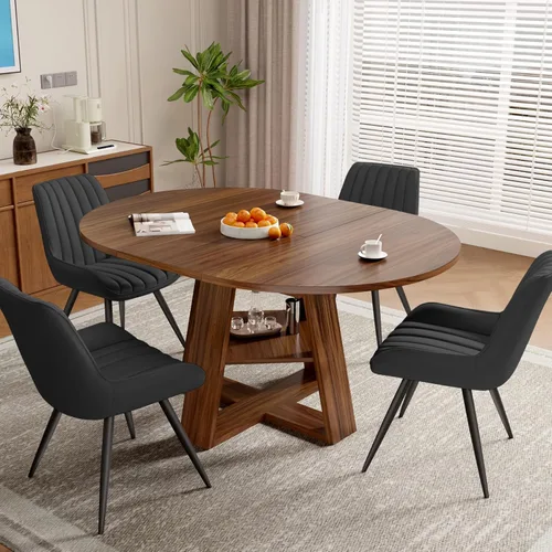 Vista 36 de Aivermel - Juego de mesa de comedor extensible redonda a ovalada para 4 a 6, mesa de cocina de madera con almacenamiento oculto y sillas tapizadas