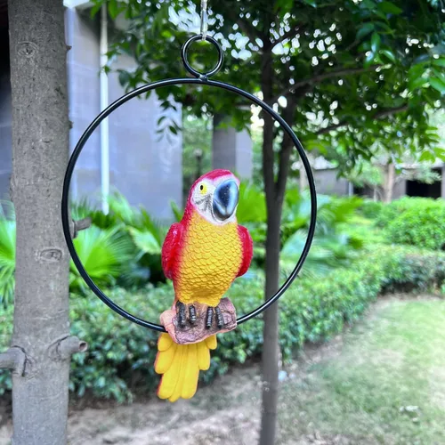 Vista 4 de Anillo colgante de estatua de loro para decoración de jardín y hogar, dimensiones de loro 9.8 pulgadas de alto