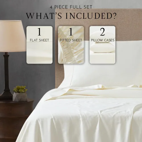 Vista 2 de Linen Closet Juego de sábanas de satén de algodón de 400 hilos, 4 piezas, tamaño matrimonial, marfil