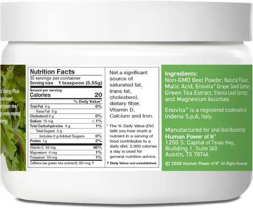 Vista 5 de HumanN SuperBeets Energy Plus con extracto de semilla de uva, incluye polvo de raíz de remolacha, extracto de té verde, cafeína, vitamina C