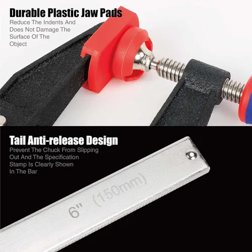 Vista 6 de WORKPRO Juego de abrazaderas de barra de acero de 6 pulgadas, paquete de 2 abrazaderas de barra estilo embrague de liberación rápida con garganta
