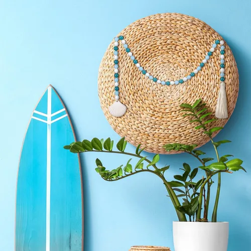 Vista 7 de Guirnalda de cuentas de concha de mar, guirnalda de cuentas de granja con borlas, cuentas decorativas de acrílico y madera, decoración del hogar