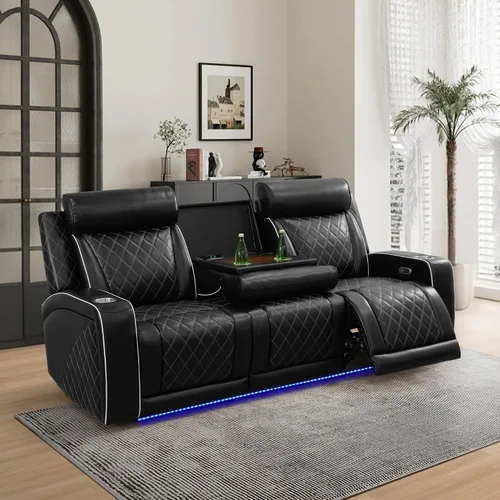 Vista 4 de Juego de sofá reclinable eléctrico con LED, muebles de cuero transpirable para sala de estar de 3 piezas, sofás reclinables eléctricos con puertos