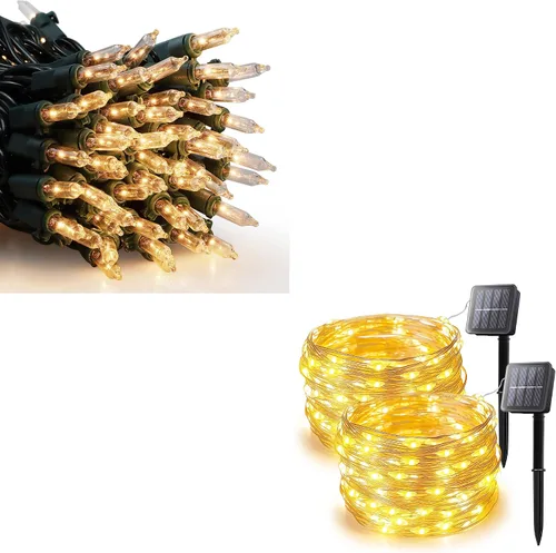 woohaha Luces de Navidad blancas, paquete de 2 50 mini luces transparentes incandescentes para árbol de Navidad con 2 paquetes de 100 luces solares