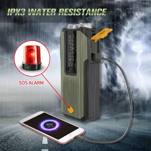 Vista 3 de Radio solar de emergencia NOAA meteorológica Dynamo manivela auto alimentado Dynamo AM FM WB Radio 3 LED linterna 2000mAh cargador de teléfono