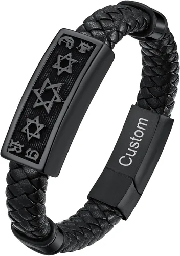 ChainsHouse Mens Leather Link Bracelet for Men Women, Star of Davidc. Wing SkullTemplar Cross Genuine Leather Bracelet, Customized DIY Waterproof