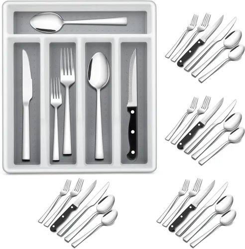 Vista 9 de E-far Juego de cubiertos de 24 piezas con bandeja organizadora y cuchillos para carne, cubiertos de acero inoxidable para 4, utensilios básicos