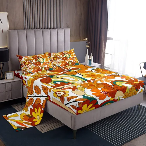Vista 28 de Juego de ropa de cama floral bohemio de otoño Twin, juego de sábanas retro groovy flower power, sábanas de cama boho eyes hippie para adolescentes