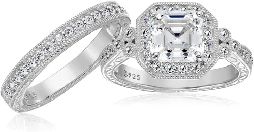 Vista 5 de Tienda Collection Platinum-Plated Sterling Silver Antique Ring set with Asscher-Cut Infinite Elements Cubic Zirconia