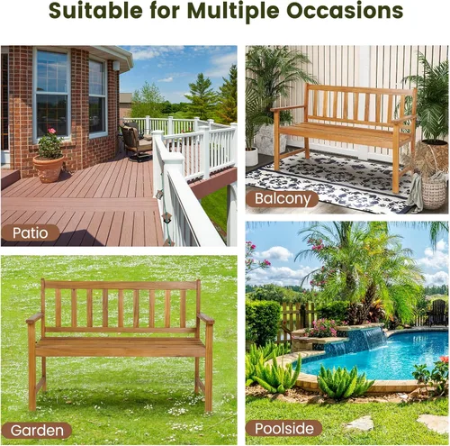 Vista 5 de HAPPYGRILL Banco de madera para patio con respaldo ergonómico y reposabrazos, banco al aire libre para 2 personas, marco de madera de acacia