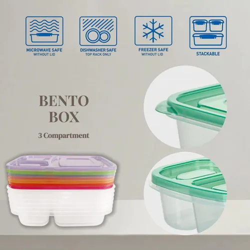 Vista 3 de WEEK NINE Bento - Loncheras reutilizables con 3 compartimentos para la escuela, el trabajo y los viajes, juego de 7