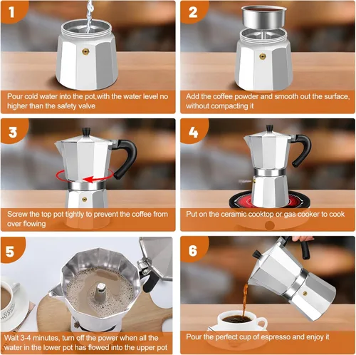 Vista 8 de Cafetera de Espresso de 3 Tazas de Aluminio para Estufa, Olla de Moka, Cafetera de Café Expresso, Percolador, Cafetera Clásica Italiana de Mocha