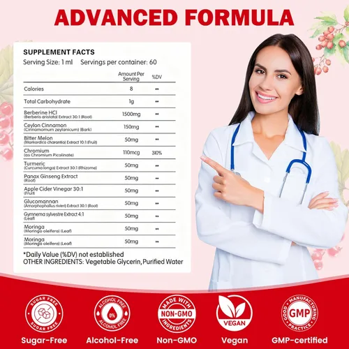 Vista 7 de Suplemento liposomal de berberina HCL gotas líquidas 1500mg, berberina con canela de Ceilán, melón amargo, cúrcuma, glucomanano, moringa, fitosoma