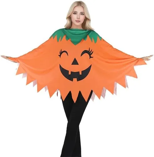 Vista 4 de Disfraz divertido de poncho de cara de calabaza para mujer