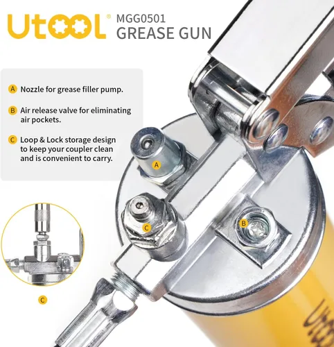 Vista 3 de UTOOL Pistola de engrase, kit de pistola de engrase resistente de 8000 PSI con capacidad de 14 onzas, manguera flexible de resina de 18 pulgadas, 1