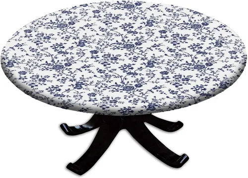 Vista 13 de Mantel redondo ajustable con borde elástico floral azul, mantel con borde elástico de estilo floral pastoral, almohadilla de mesa de poliéster