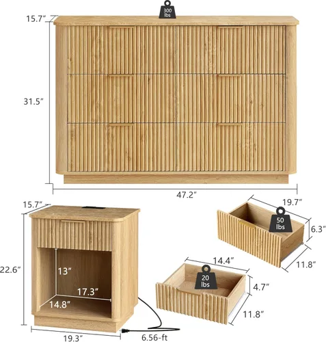 Vista 2 de win2win Juego de 2 cómodas y mesitas de noche acanaladas de 6 cajones y mesitas de noche modernas de mediados de siglo, cómoda de madera para Roble