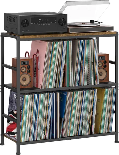 Vista 7 de Sonyabecca Soporte para tocadiscos con 4 divisores ajustables, almacenamiento de discos de vinilo hasta 350 álbumes, soporte de almacenamiento