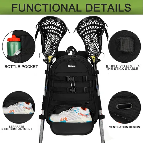 Vista 2 de Goloni Lacrosse - Mochila para equipo con dos palos y compartimento separado para tacos y bolsa de hockey sobre césped