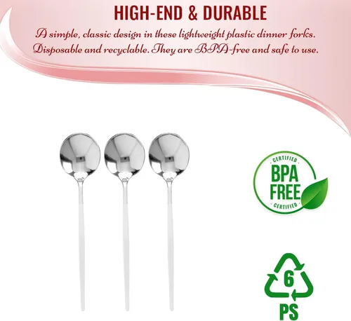 Vista 3 de Cucharas de plástico desechables plateadas con mango blanco, paquete de 240 cubiertos resistentes de 8.1 pulgadas sin BPA, elegantes cucharas