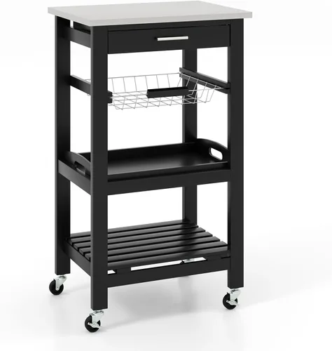 Vista 9 de Giantex Carrito de isla de cocina, carrito de almacenamiento móvil de cocina con mesa de acero inoxidable, cajón, cesta, estante, bandeja de servir