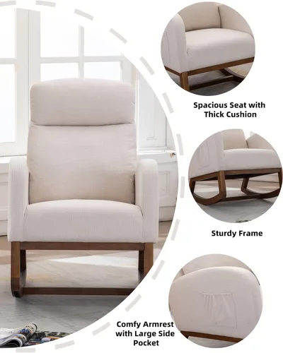 Vista 6 de Silla mecedora para guardería, silla tapizada para guardería con tela transpirable para dormitorio, sala de estar, color beige