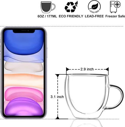 Vista 2 de KitchenTour - Taza de café aislada de 6 onzas, taza de café de vidrio de doble pared con asa, juego de 4 vasos de vidrio transparente para expreso