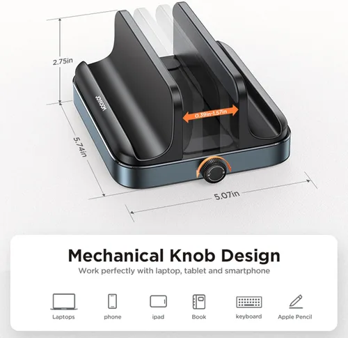 Vista 3 de Soporte vertical para laptop, 3 ranuras para ahorrar espacio, soporte de escritorio de aluminio con base ajustable compatible con MacBook Surface