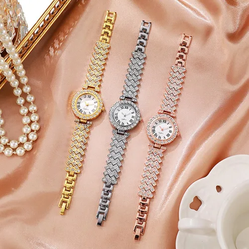 Vista 5 de Señora elegante reloj de cuarzo con esfera pequeña con reloj de pulsera de diamantes conjunto vestido relojes de pulsera Dorado