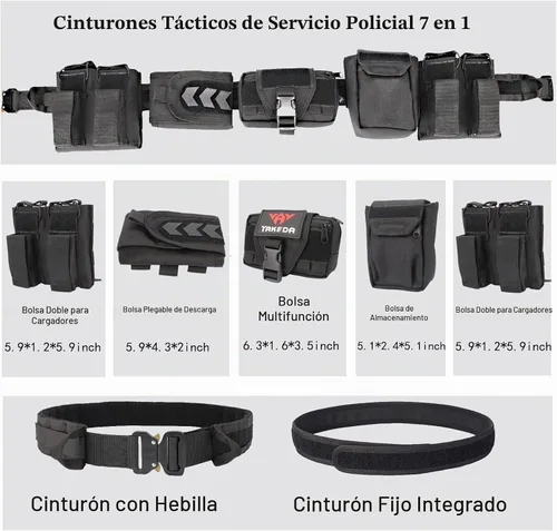 Vista 4 de BOMTURN Cinturón de batalla táctico con accesorios: cinturones de servicio policial combate Airsoft cinturón de policía con bolsas 7 piezas Negro