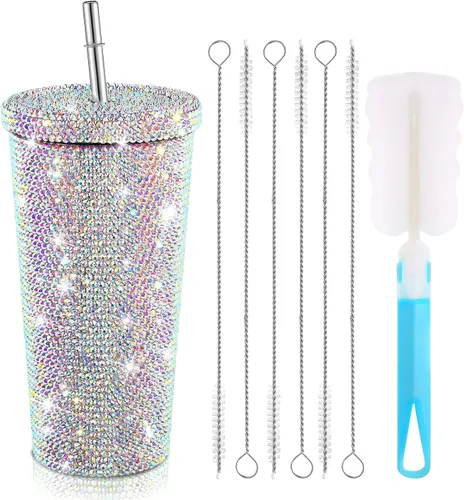 Mimorou Botella de agua con diamantes brillantes y tachonados, con tapa, de acero inoxidable, térmica, con diamantes de imitación y 1 cepillo para
