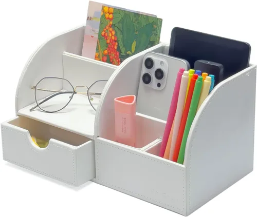Vista 55 de UnionBasic Organizador de escritorio - Caja de almacenamiento multifuncional de cuero para escritorio con soporte para bolígrafos - Para tarjetas