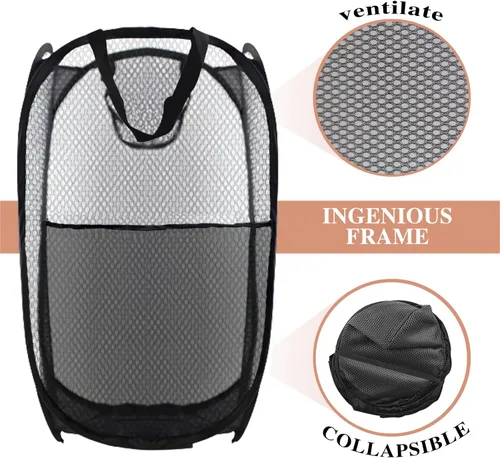 Vista 4 de Cesta plegable para ropa sucia, bolsa plegable de malla extragrande, 28 x 16 x 16 pulgadas, paquete de 2 (negro)