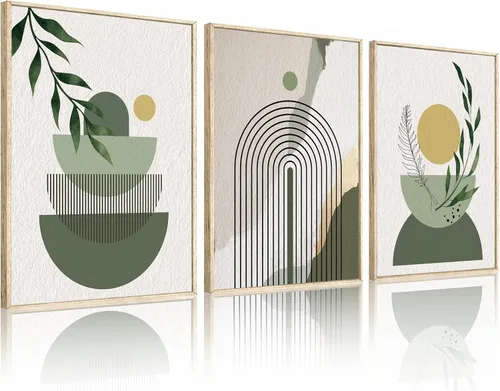 Vista 17 de HOURIA Navy Blue Neutral Tan Leaf Framed Canvas Wall Art Set,Wabi Sabi Boho Mid Century Leaves Wall Decor,Modern Abstract Minimalist Beige Botanical