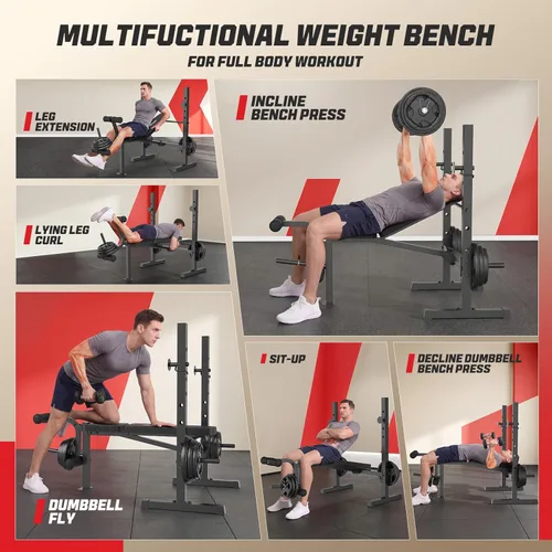 Vista 6 de OPPSDECOR Juego de banco de pesas, banco ajustable multifunción para press de banca con rack para sentadillas, extensión de piernas y curl