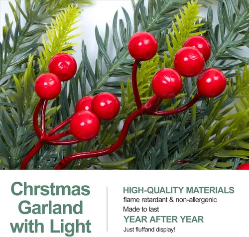 Vista 6 de Guirnalda de Navidad de 6.5 pies con luces de estrella, decoraciones de Navidad preiluminadas, guirnalda iluminada con pilas, flor dorada más densa