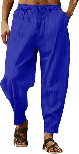 Pantalones de lino para hombre, cintura elástica, pantalones harén con cordón, pantalones de playa sólidos a rayas, pantalones deportivos para