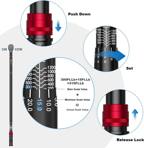 Vista 5 de SUERCUP Llave dinamométrica de clic de 1 pulgada, 200-1300 pies-libra/271-1761.5Nm, llave dinamométrica de clic de doble dirección de 48 dientes