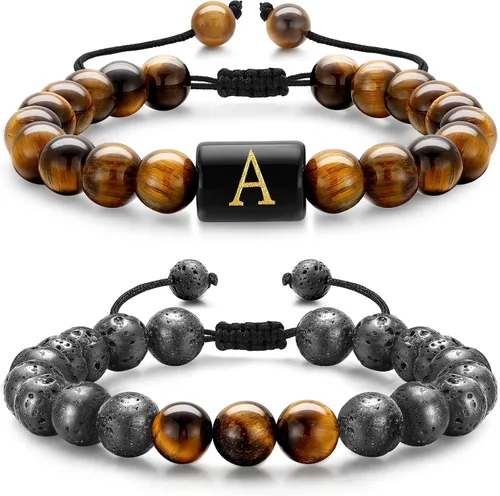 M MOOHAM Pulseras de cuentas para hombre, pulsera con inicial de piedra natural de 0.315 in para hombres, pulseras de ojo de tigre de roca de lava,